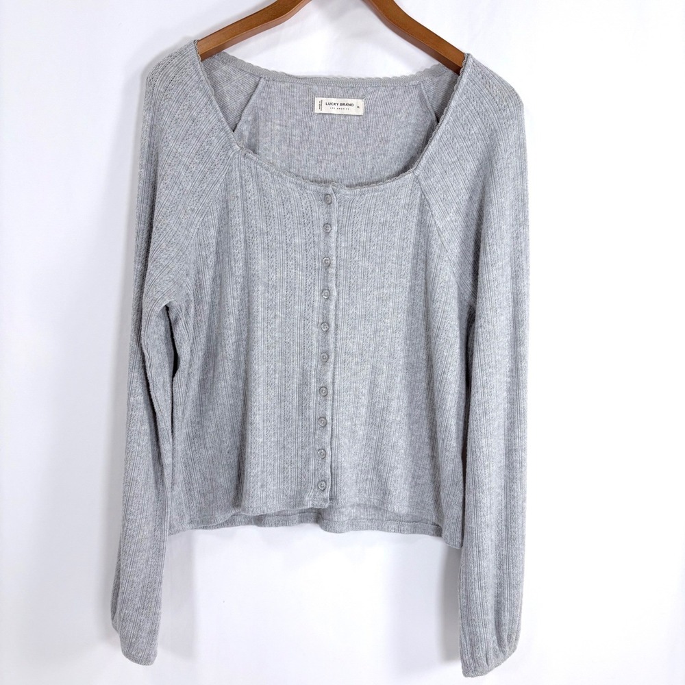 Lucky Brand Gray Ribbed Square Neck Button Front Long Sleeve Cropped Sweater XL - Picture 2 of 8